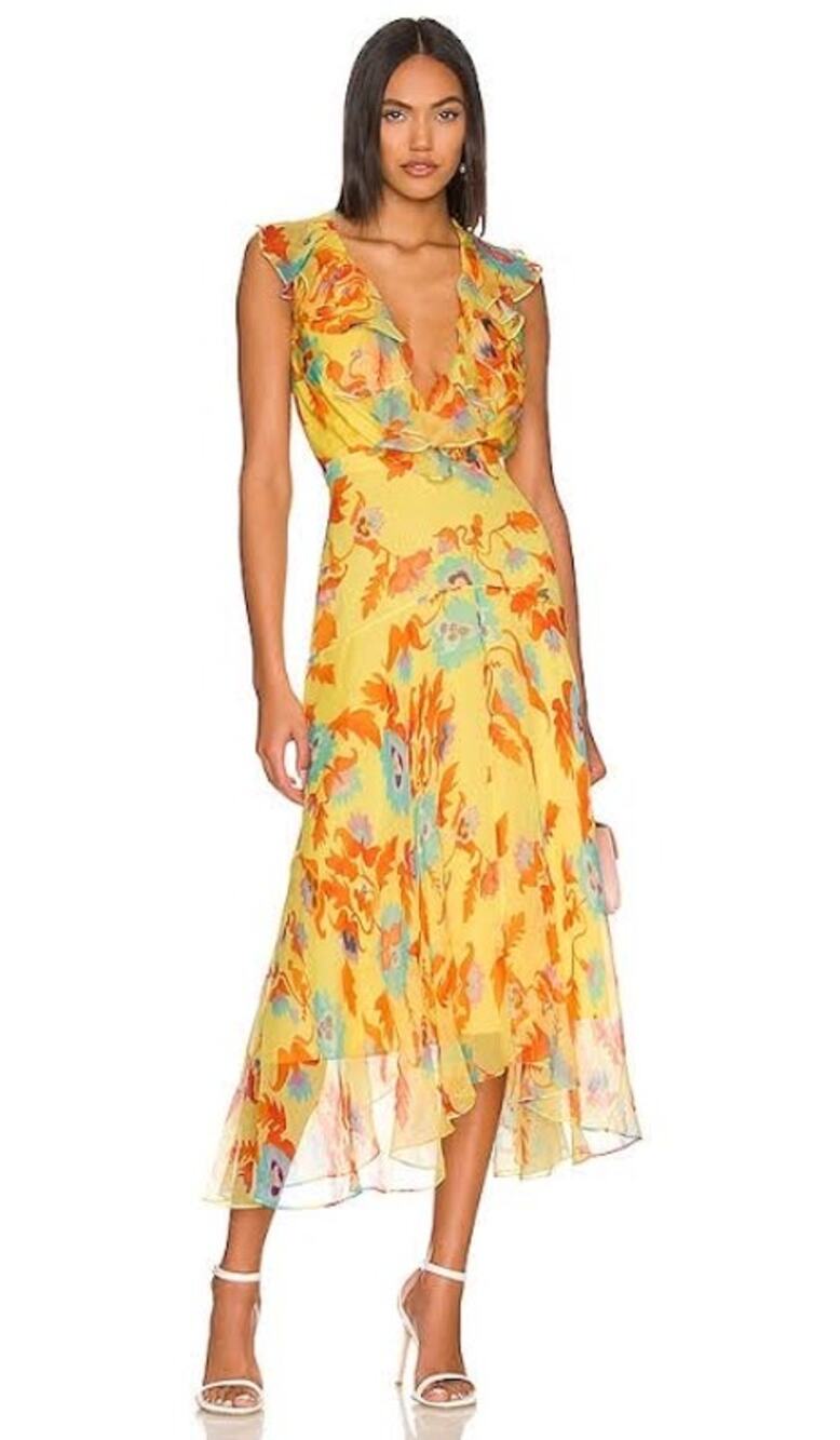 Saloni Rita Silk Midi Dress Yellow Floral Ruffle High Low V-Neck Size us 4 uk 8